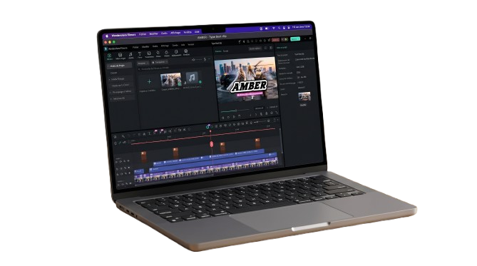 The AMBER type-beat project open in Filmora on a laptop — preview, media bin and multi-track timeline