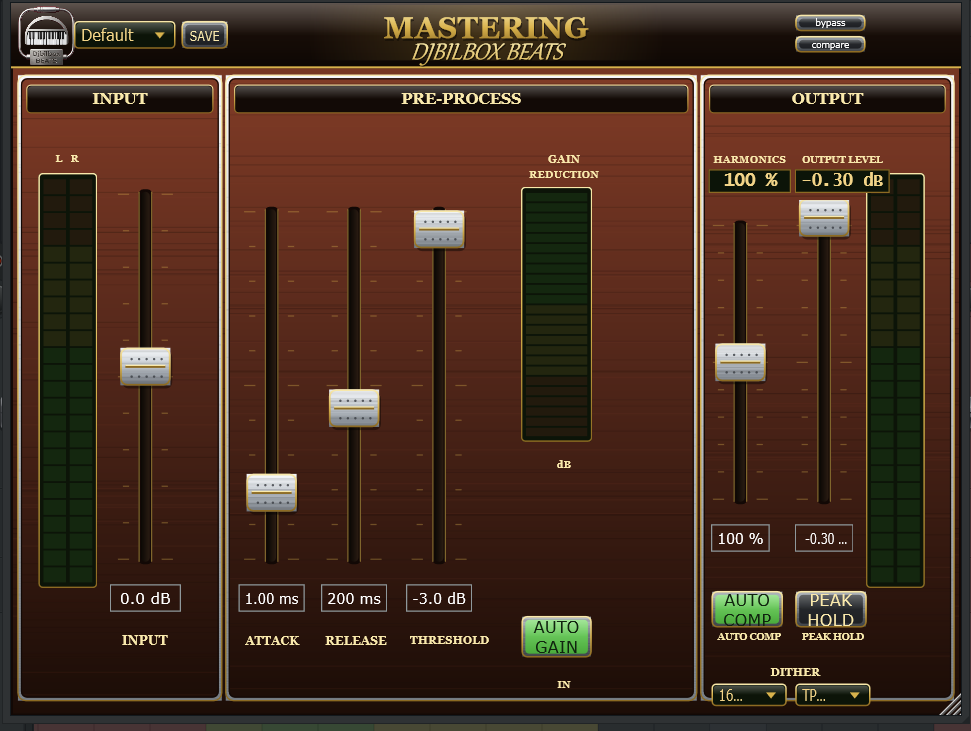 MASTERING plug-in — input, pre-process and output stages with gain-reduction meter