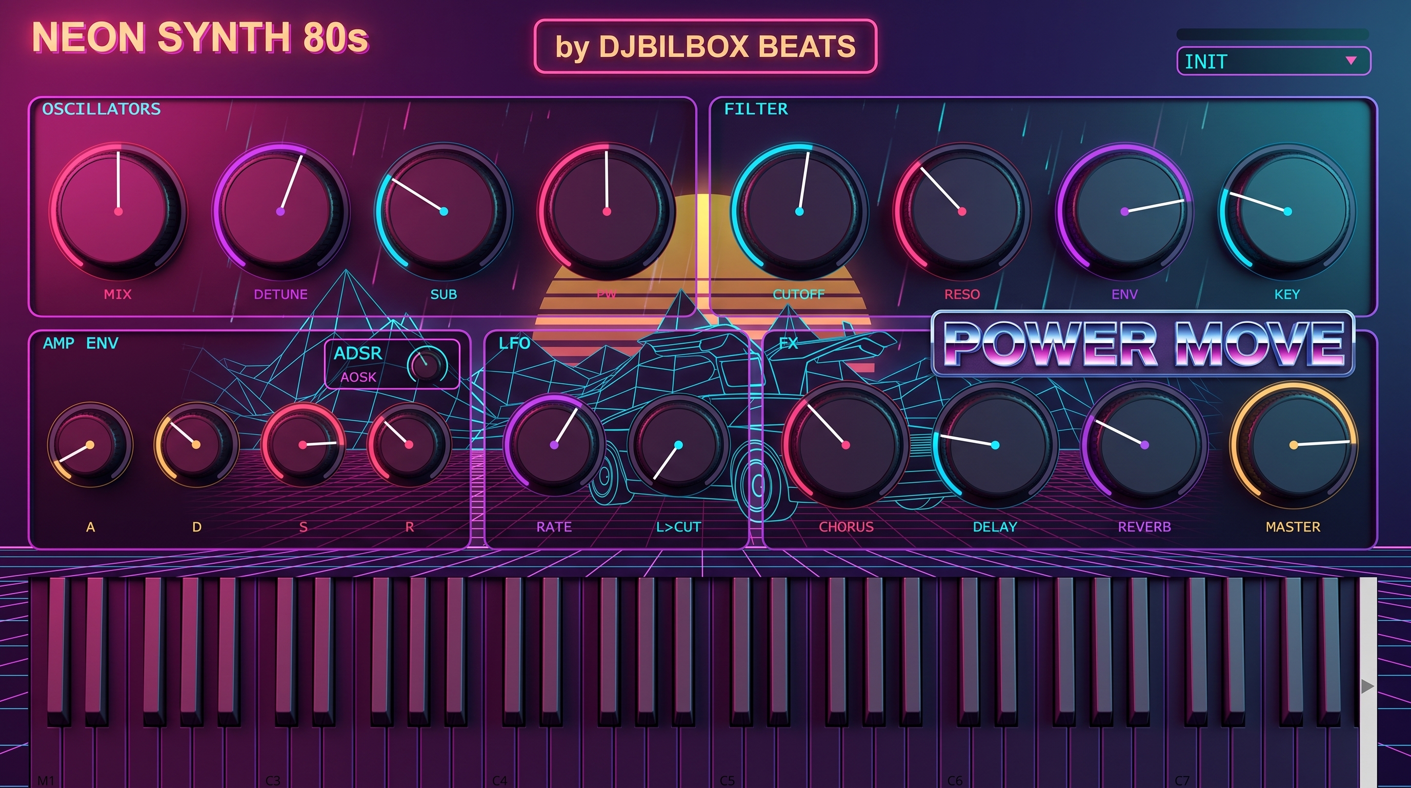 NEON SYNTH 80s — oscillators, filter, LFO and FX