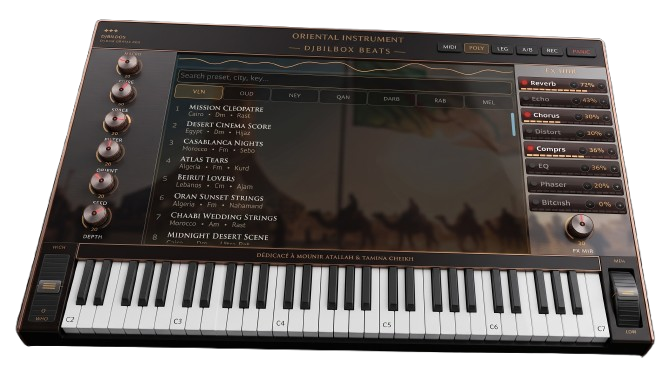 ORIENTAL INSTRUMENT â€” low-angle view of the copper unit: macro knobs, preset browser and FX chain