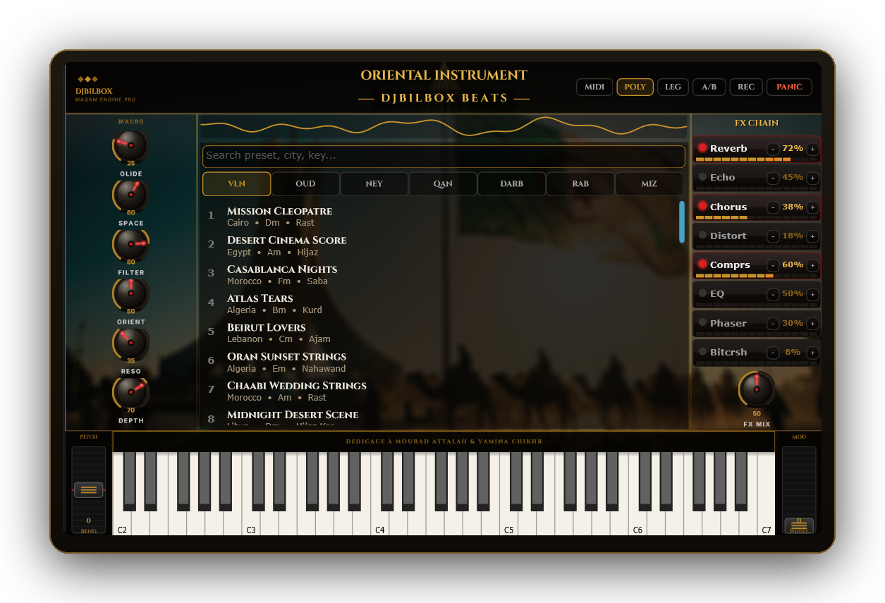 ORIENTAL INSTRUMENT â€” macro knobs, preset browser, FX chain and keyboard