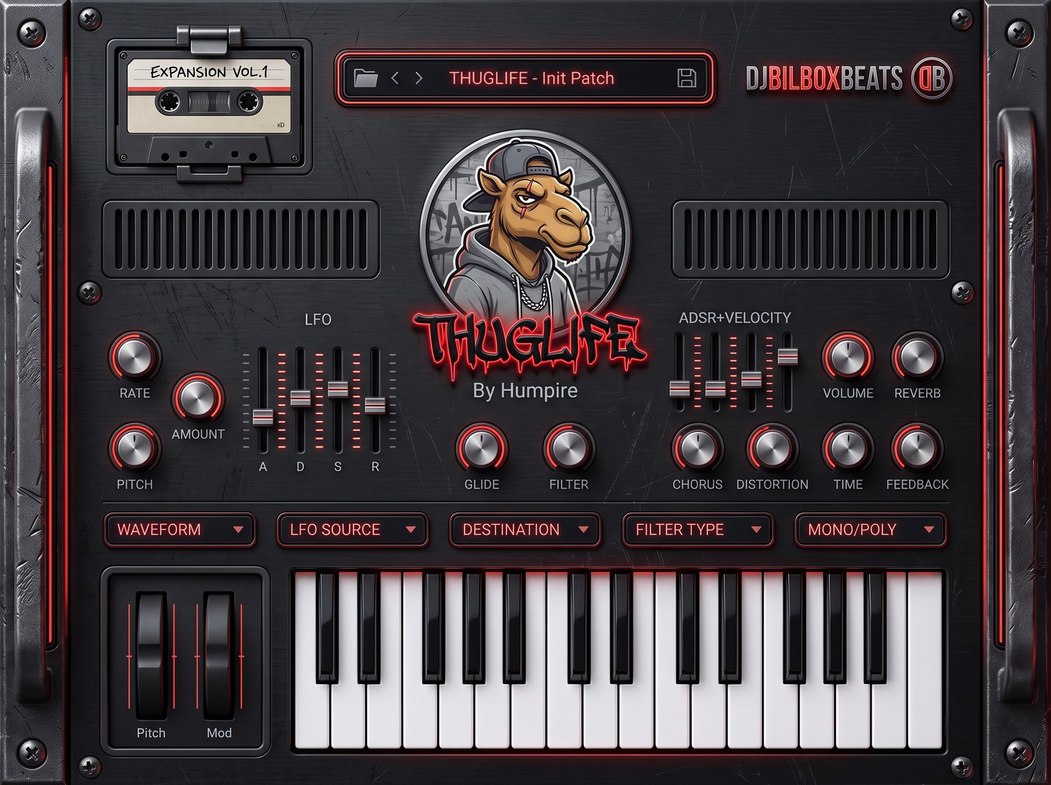 THUGLIFE synthesizer interface — cassette slot, Humpire mascot, LFO and ADSR faders, effect knobs and velocity keyboard